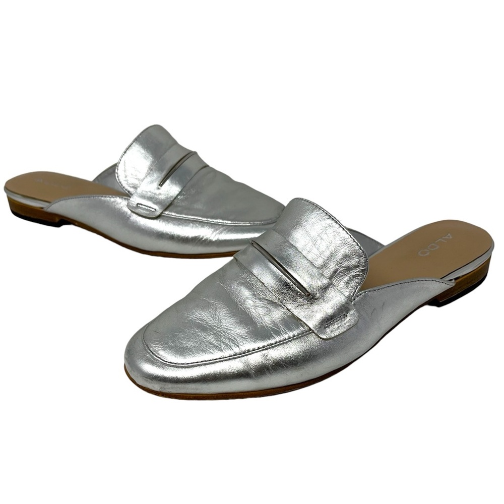 Aldo Shahan Silver Leather Flat Mules 8